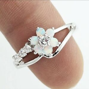 Opal Flower Silver Ring with White Accents